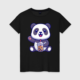 Женская футболка хлопок с принтом Панда привет в Кировске, 100% хлопок | прямой крой, круглый вырез горловины, длина до линии бедер, слегка спущенное плечо | 