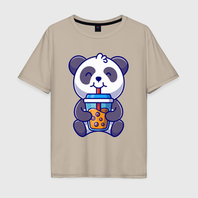 Мужская футболка хлопок Oversize с принтом Drinking panda в Санкт-Петербурге, 100% хлопок | свободный крой, круглый ворот, “спинка” длиннее передней части | Тематика изображения на принте: 