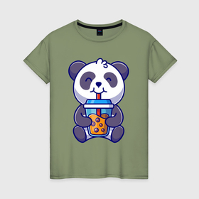 Женская футболка хлопок с принтом Drinking panda в Санкт-Петербурге, 100% хлопок | прямой крой, круглый вырез горловины, длина до линии бедер, слегка спущенное плечо | 