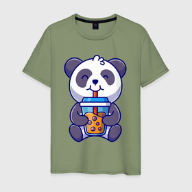 Мужская футболка хлопок с принтом Drinking panda в Санкт-Петербурге, 100% хлопок | прямой крой, круглый вырез горловины, длина до линии бедер, слегка спущенное плечо. | 