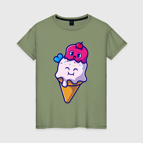 Женская футболка хлопок с принтом Милое мороженко , 100% хлопок | прямой крой, круглый вырез горловины, длина до линии бедер, слегка спущенное плечо | 