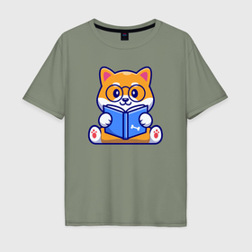 Мужская футболка хлопок Oversize с принтом Собачка книголюб в Новосибирске, 100% хлопок | свободный крой, круглый ворот, “спинка” длиннее передней части | 