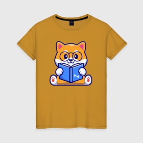 Женская футболка хлопок с принтом Собачка книголюб в Белгороде, 100% хлопок | прямой крой, круглый вырез горловины, длина до линии бедер, слегка спущенное плечо | 