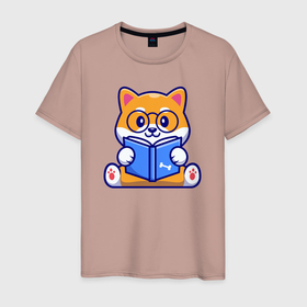 Мужская футболка хлопок с принтом Собачка книголюб в Санкт-Петербурге, 100% хлопок | прямой крой, круглый вырез горловины, длина до линии бедер, слегка спущенное плечо. | 