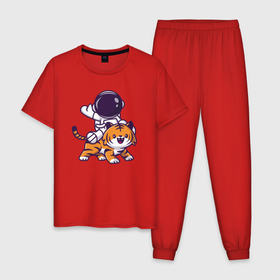 Мужская пижама хлопок с принтом Космонавт и тигр в Белгороде, 100% хлопок | брюки и футболка прямого кроя, без карманов, на брюках мягкая резинка на поясе и по низу штанин
 | 