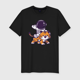 Мужская футболка хлопок Slim с принтом Космонавт и тигр , 92% хлопок, 8% лайкра | приталенный силуэт, круглый вырез ворота, длина до линии бедра, короткий рукав | 