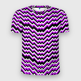 Мужская футболка 3D Slim с принтом Фиолетовые и белые ломаные линии в Новосибирске, 100% полиэстер с улучшенными характеристиками | приталенный силуэт, круглая горловина, широкие плечи, сужается к линии бедра | 