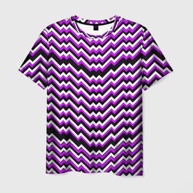 Мужская футболка 3D с принтом Фиолетовые и белые ломаные линии , 100% полиэфир | прямой крой, круглый вырез горловины, длина до линии бедер | 