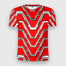 Мужская футболка 3D Slim с принтом Техно броня красно белая в Екатеринбурге, 100% полиэстер с улучшенными характеристиками | приталенный силуэт, круглая горловина, широкие плечи, сужается к линии бедра | 