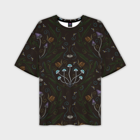 Мужская футболка oversize 3D с принтом Волшебный лес, грибы, улитки и мотыльки   паттерн ,  |  | 