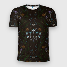 Мужская футболка 3D Slim с принтом Волшебный лес, грибы, улитки и мотыльки   паттерн в Кировске, 100% полиэстер с улучшенными характеристиками | приталенный силуэт, круглая горловина, широкие плечи, сужается к линии бедра | 