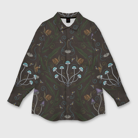 Мужская рубашка oversize 3D с принтом Волшебный лес, грибы, улитки и мотыльки   паттерн в Екатеринбурге,  |  | 