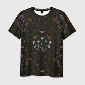Мужская футболка 3D с принтом Волшебный лес, грибы, улитки и мотыльки   паттерн в Кировске, 100% полиэфир | прямой крой, круглый вырез горловины, длина до линии бедер | 