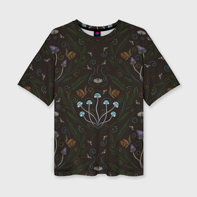 Женская футболка oversize 3D с принтом Волшебный лес, грибы, улитки и мотыльки   паттерн ,  |  | 