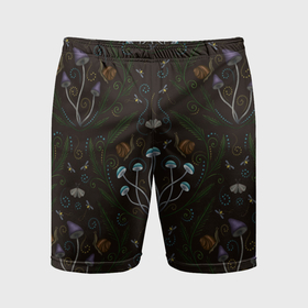 Мужские шорты спортивные с принтом Волшебный лес, грибы, улитки и мотыльки   паттерн ,  |  | 