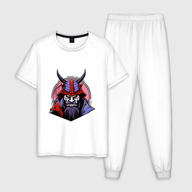 Мужская пижама хлопок с принтом Samurai evil face в Белгороде, 100% хлопок | брюки и футболка прямого кроя, без карманов, на брюках мягкая резинка на поясе и по низу штанин
 | 