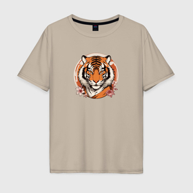 Мужская футболка хлопок Oversize с принтом Тигр в ретро стиле в Кировске, 100% хлопок | свободный крой, круглый ворот, “спинка” длиннее передней части | 