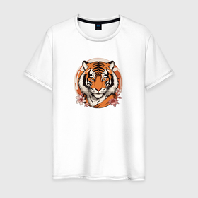 Мужская футболка хлопок с принтом Тигр в ретро стиле в Екатеринбурге, 100% хлопок | прямой крой, круглый вырез горловины, длина до линии бедер, слегка спущенное плечо. | Тематика изображения на принте: 