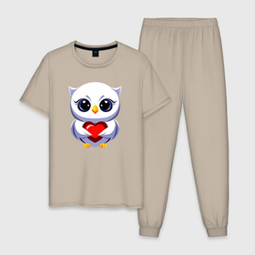 Мужская пижама хлопок с принтом Совенок белый с сердечком в Тюмени, 100% хлопок | брюки и футболка прямого кроя, без карманов, на брюках мягкая резинка на поясе и по низу штанин
 | 