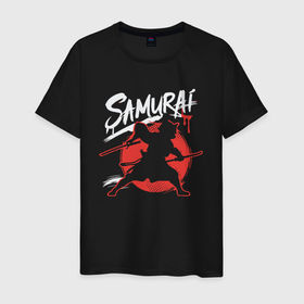 Мужская футболка хлопок с принтом кот самурай силуэт в Белгороде, 100% хлопок | прямой крой, круглый вырез горловины, длина до линии бедер, слегка спущенное плечо. | 