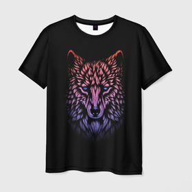 Мужская футболка 3D с принтом Realistic gradient wolf , 100% полиэфир | прямой крой, круглый вырез горловины, длина до линии бедер | 