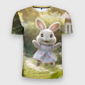 Мужская футболка 3D Slim с принтом Забавный белый кролик в платье в Санкт-Петербурге, 100% полиэстер с улучшенными характеристиками | приталенный силуэт, круглая горловина, широкие плечи, сужается к линии бедра | 
