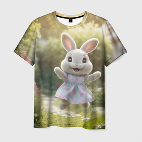 Мужская футболка 3D с принтом Забавный белый кролик в платье , 100% полиэфир | прямой крой, круглый вырез горловины, длина до линии бедер | 