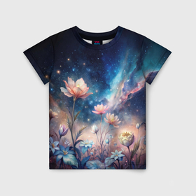 Детская футболка 3D с принтом Цветы под звездным небом в Кировске, 100% гипоаллергенный полиэфир | прямой крой, круглый вырез горловины, длина до линии бедер, чуть спущенное плечо, ткань немного тянется | 