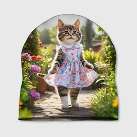 Шапка 3D с принтом Кошка в летнем платье в саду в Курске, 100% полиэстер | универсальный размер, печать по всей поверхности изделия | Тематика изображения на принте: 