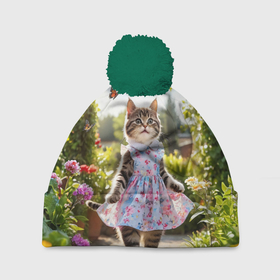 Шапка 3D c помпоном с принтом Кошка в летнем платье в саду , 100% полиэстер | универсальный размер, печать по всей поверхности изделия | 
