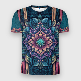 Мужская футболка 3D Slim с принтом Сумрачная цветочная мандала в Новосибирске, 100% полиэстер с улучшенными характеристиками | приталенный силуэт, круглая горловина, широкие плечи, сужается к линии бедра | 