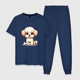 Мужская пижама хлопок с принтом Милая собачка с косточкой в Новосибирске, 100% хлопок | брюки и футболка прямого кроя, без карманов, на брюках мягкая резинка на поясе и по низу штанин
 | Тематика изображения на принте: 