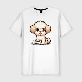 Мужская футболка хлопок Slim с принтом Милая собачка с косточкой в Тюмени, 92% хлопок, 8% лайкра | приталенный силуэт, круглый вырез ворота, длина до линии бедра, короткий рукав | Тематика изображения на принте: 