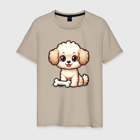 Мужская футболка хлопок с принтом Милая собачка с косточкой в Кировске, 100% хлопок | прямой крой, круглый вырез горловины, длина до линии бедер, слегка спущенное плечо. | 