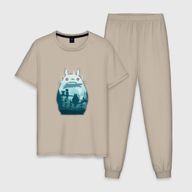 Мужская пижама хлопок с принтом Тоторо и его друзья в Новосибирске, 100% хлопок | брюки и футболка прямого кроя, без карманов, на брюках мягкая резинка на поясе и по низу штанин
 | Тематика изображения на принте: 