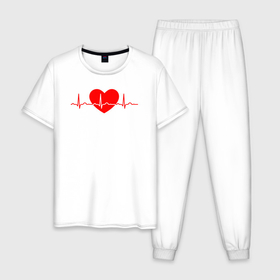 Мужская пижама хлопок с принтом Красное сердце кардиограмма в Екатеринбурге, 100% хлопок | брюки и футболка прямого кроя, без карманов, на брюках мягкая резинка на поясе и по низу штанин
 | 