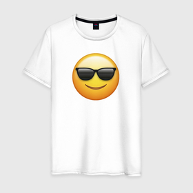 Мужская футболка хлопок с принтом Смайлик с черными очками в Тюмени, 100% хлопок | прямой крой, круглый вырез горловины, длина до линии бедер, слегка спущенное плечо. | Тематика изображения на принте: 