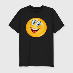 Мужская футболка хлопок Slim с принтом Смайлик радостный колобок в Тюмени, 92% хлопок, 8% лайкра | приталенный силуэт, круглый вырез ворота, длина до линии бедра, короткий рукав | Тематика изображения на принте: 