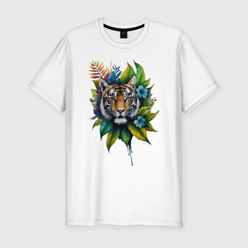 Мужская футболка хлопок Slim с принтом Тигр в листьях в Санкт-Петербурге, 92% хлопок, 8% лайкра | приталенный силуэт, круглый вырез ворота, длина до линии бедра, короткий рукав | 