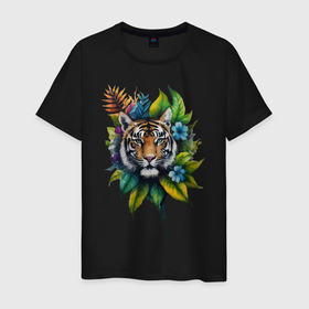 Мужская футболка хлопок с принтом Тигр в листьях , 100% хлопок | прямой крой, круглый вырез горловины, длина до линии бедер, слегка спущенное плечо. | 