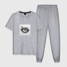 Мужская пижама хлопок с принтом Серый глаз травы и ветви в Санкт-Петербурге, 100% хлопок | брюки и футболка прямого кроя, без карманов, на брюках мягкая резинка на поясе и по низу штанин
 | 