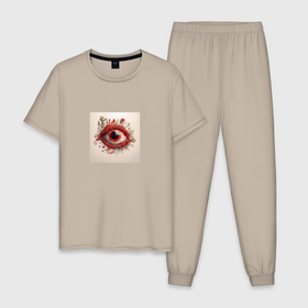 Мужская пижама хлопок с принтом Красный глаз травы и ветви в Екатеринбурге, 100% хлопок | брюки и футболка прямого кроя, без карманов, на брюках мягкая резинка на поясе и по низу штанин
 | 