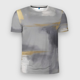 Мужская футболка 3D Slim с принтом Серо золотая абстракция в Белгороде, 100% полиэстер с улучшенными характеристиками | приталенный силуэт, круглая горловина, широкие плечи, сужается к линии бедра | 