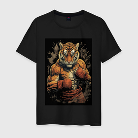 Мужская футболка хлопок с принтом Муай Тай тигр в Екатеринбурге, 100% хлопок | прямой крой, круглый вырез горловины, длина до линии бедер, слегка спущенное плечо. | 