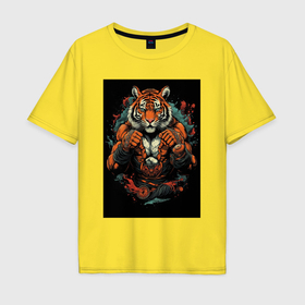 Мужская футболка хлопок Oversize с принтом Муай  Тай тигр в стойке в Тюмени, 100% хлопок | свободный крой, круглый ворот, “спинка” длиннее передней части | 
