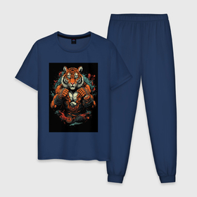 Мужская пижама хлопок с принтом Муай  Тай тигр в стойке в Кировске, 100% хлопок | брюки и футболка прямого кроя, без карманов, на брюках мягкая резинка на поясе и по низу штанин
 | 