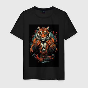 Мужская футболка хлопок с принтом Муай  Тай тигр в стойке в Кировске, 100% хлопок | прямой крой, круглый вырез горловины, длина до линии бедер, слегка спущенное плечо. | 