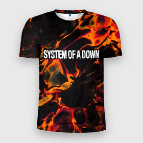 Мужская футболка 3D Slim с принтом System of a Down red lava в Петрозаводске, 100% полиэстер с улучшенными характеристиками | приталенный силуэт, круглая горловина, широкие плечи, сужается к линии бедра | Тематика изображения на принте: 