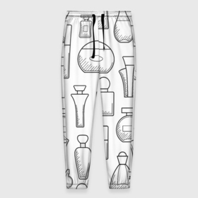 Мужские брюки 3D с принтом Парфюм белый в Петрозаводске, 100% полиэстер | манжеты по низу, эластичный пояс регулируется шнурком, по бокам два кармана без застежек, внутренняя часть кармана из мелкой сетки | 