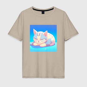 Мужская футболка хлопок Oversize с принтом Небесно голубой спящий котик клубочек в Курске, 100% хлопок | свободный крой, круглый ворот, “спинка” длиннее передней части | 